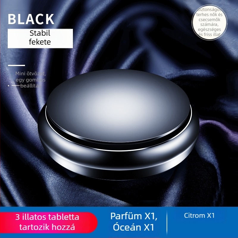 Autó aromaterápia – szilárd balzsam fém alapú, 10–20 ml, musk chypre illat, párolgási idő 61–90 nap, elhelyezés: üléstípus