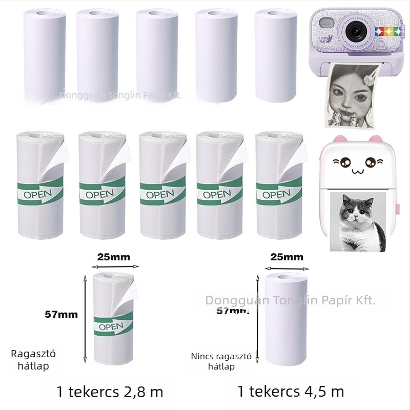 Öntapadós termoszalagú papír gyerekeknek – 70 µm vastagság, bevonat nélküli, forró olvadó ragasztóval, 5 tekercs