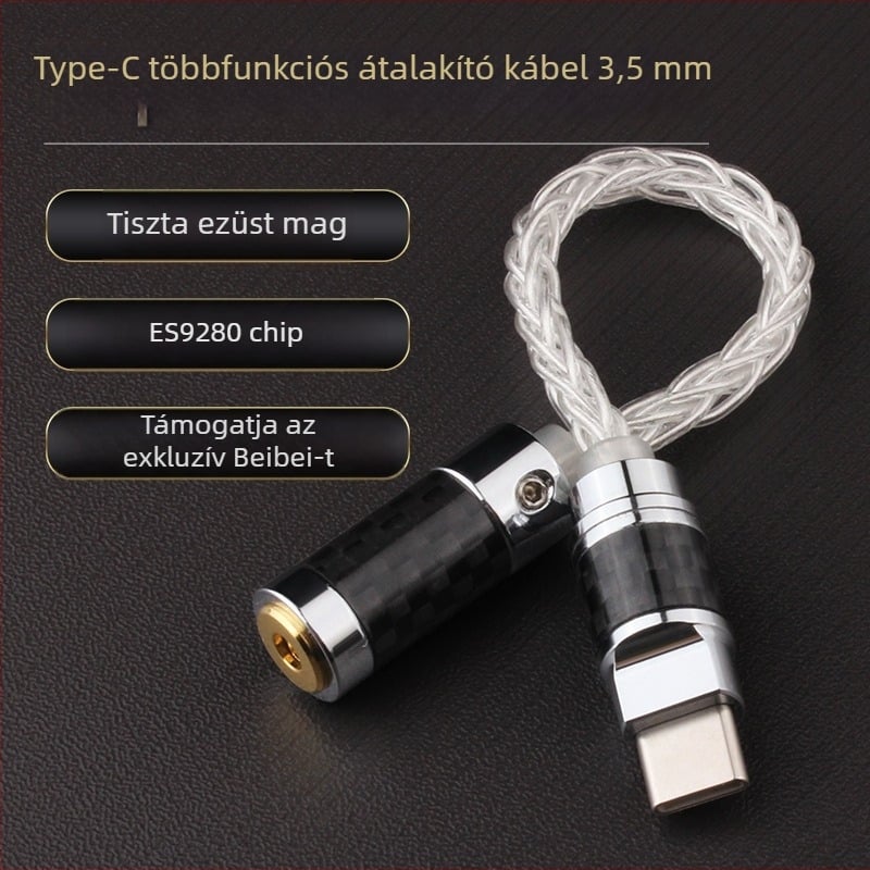 Type-C–ről 3,5 mm-es DAC hang adapter HiFi erősítővel — 12 magos Sterling Silver vezeték, TPE héj, ROHS
