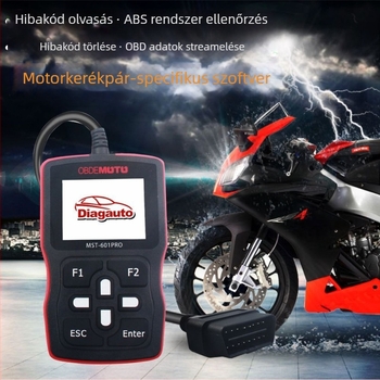 Motorkerékpár-diagnosztikai szkenner MST-601PRO – OBD-NIV-támogatás, Honda/Suzuki/Yamaha/Delphi-kompatibilitás, 12–14V tápegység, üzemi hőmérséklet 0–40°C