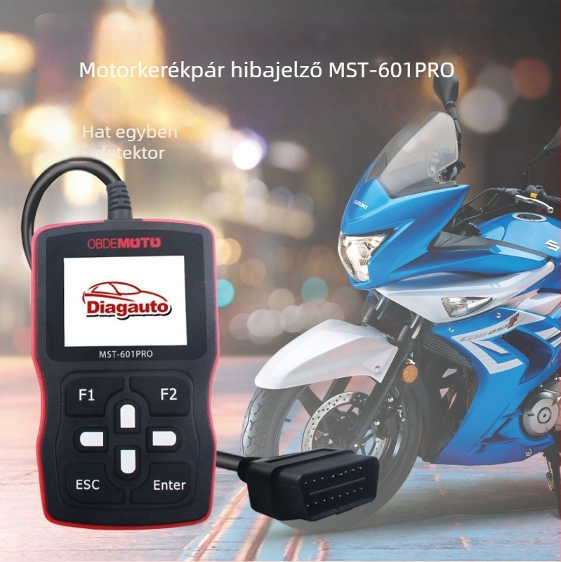 Motorkerékpár-diagnosztikai szkenner MST-601PRO – OBD-NIV-támogatás, Honda/Suzuki/Yamaha/Delphi-kompatibilitás, 12–14V tápegység, üzemi hőmérséklet 0–40°C