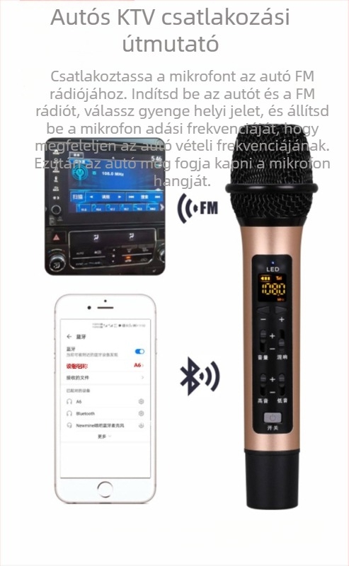 A6 autós/telefonos karaoke mikrofon Bluetooth, beépített 1000mAh akkumulátor, frekvencia 100Hz-20kHz, SNR ≥95dB, 5W, élő közvetítéshez és felvételhez