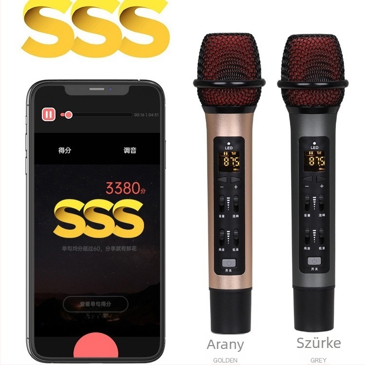 A6 autós/telefonos karaoke mikrofon Bluetooth, beépített 1000mAh akkumulátor, frekvencia 100Hz-20kHz, SNR ≥95dB, 5W, élő közvetítéshez és felvételhez
