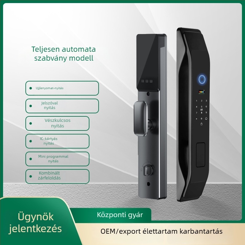 K9 okos ajtózár ujjlenyomat- és arcfelismeréssel, jelszó és távoli feloldás – 100 ujjlenyomat tárolva; >100000 nyitási ciklus; szkennelés <0,2 s; videó interkom
