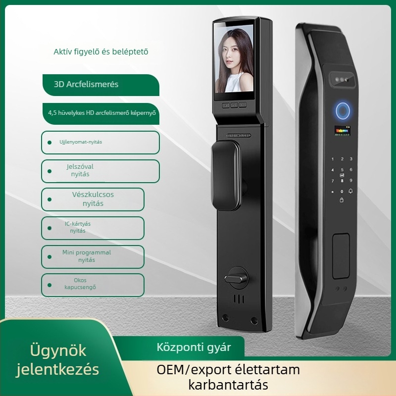K9 okos ajtózár ujjlenyomat- és arcfelismeréssel, jelszó és távoli feloldás – 100 ujjlenyomat tárolva; >100000 nyitási ciklus; szkennelés <0,2 s; videó interkom