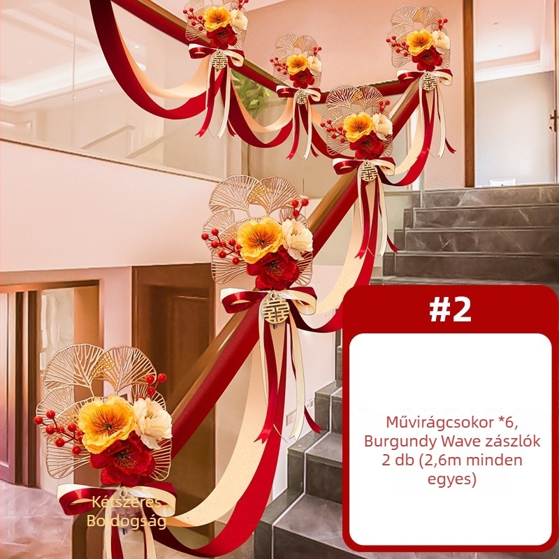 Esküvői lépcsőkorlát dekoráció művirágokkal és szalaggal, márka Guangzhou Jiaer, anyag: művirág, anyagtípus: szalag, kategória: helyszíni dekoráció, alkalmas esküvőkhöz