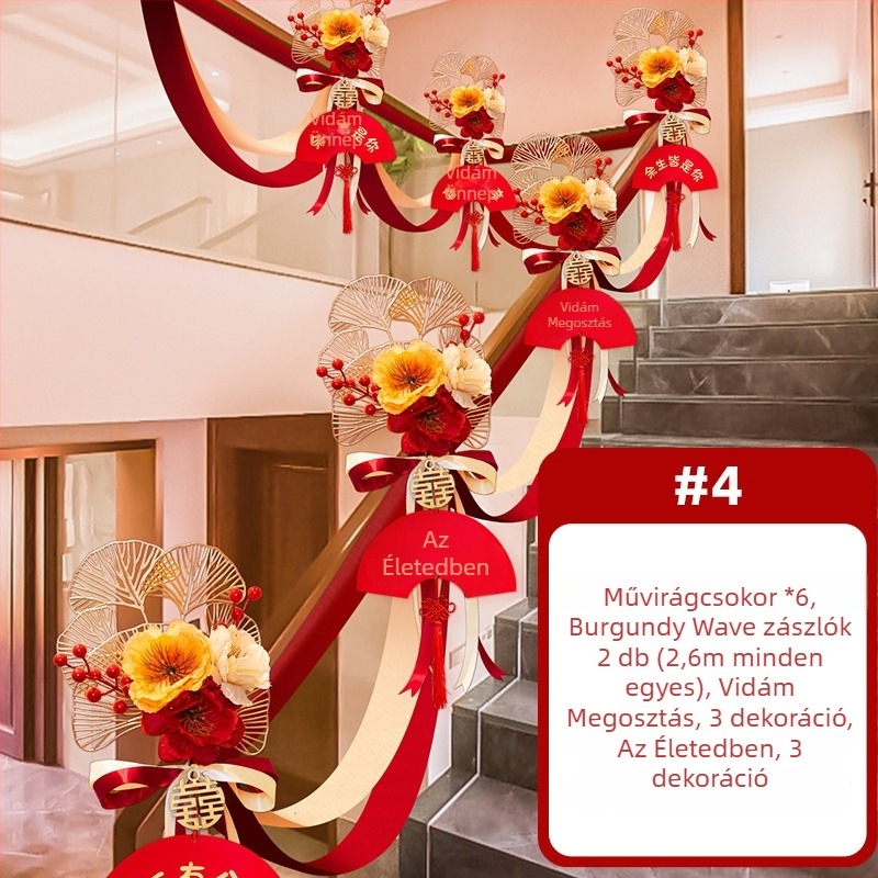 Esküvői lépcsőkorlát dekoráció művirágokkal és szalaggal, márka Guangzhou Jiaer, anyag: művirág, anyagtípus: szalag, kategória: helyszíni dekoráció, alkalmas esküvőkhöz