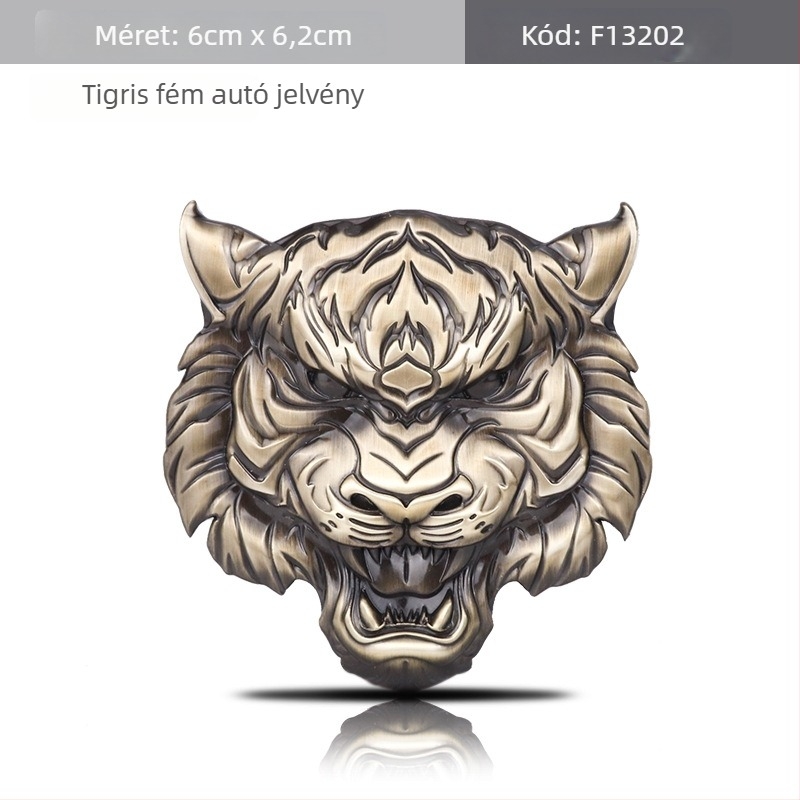 Autó karosszéria matrica tigárfej motívummal, cink ötvözetből, Tigra év témájú, testreszabható, erős tapadás, animált mintázat, ragasztással telepíthető