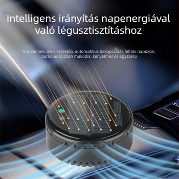 Autó és otthon használható levegőtisztító napelemes üzemmóddal, iontechnológia a szag és formaldehid eltávolítására, fertőtlenítés, zaj 36 dB alatt, légáram 50 m3/h, intelligens vezérlés