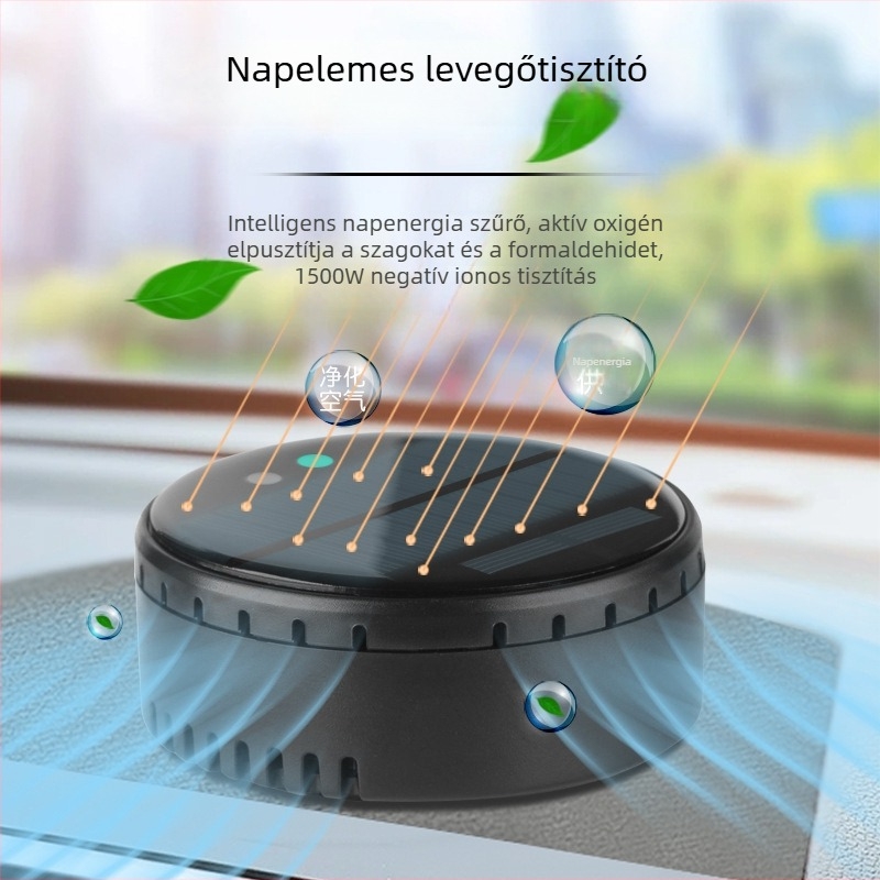 Autó és otthon használható levegőtisztító napelemes üzemmóddal, iontechnológia a szag és formaldehid eltávolítására, fertőtlenítés, zaj 36 dB alatt, légáram 50 m3/h, intelligens vezérlés
