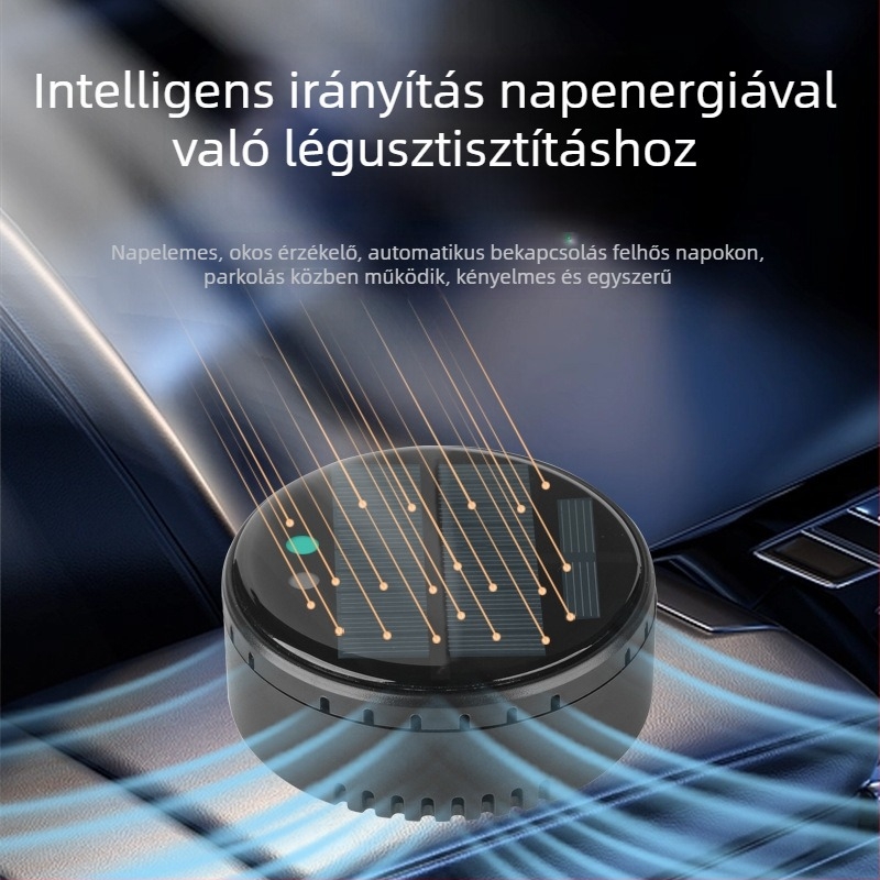 Autó és otthon használható levegőtisztító napelemes üzemmóddal, iontechnológia a szag és formaldehid eltávolítására, fertőtlenítés, zaj 36 dB alatt, légáram 50 m3/h, intelligens vezérlés