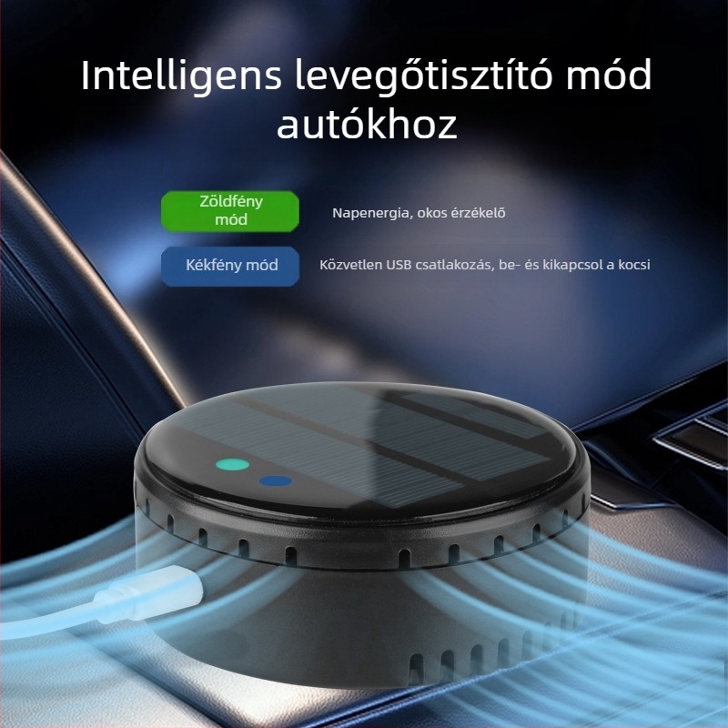 Autó és otthon használható levegőtisztító napelemes üzemmóddal, iontechnológia a szag és formaldehid eltávolítására, fertőtlenítés, zaj 36 dB alatt, légáram 50 m3/h, intelligens vezérlés
