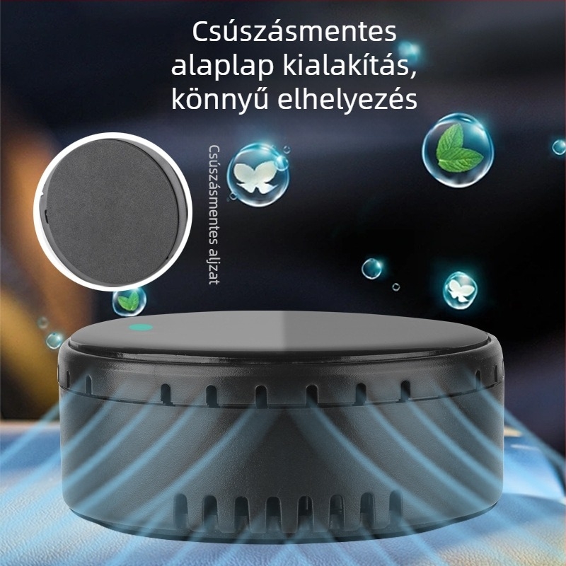 Autó és otthon használható levegőtisztító napelemes üzemmóddal, iontechnológia a szag és formaldehid eltávolítására, fertőtlenítés, zaj 36 dB alatt, légáram 50 m3/h, intelligens vezérlés