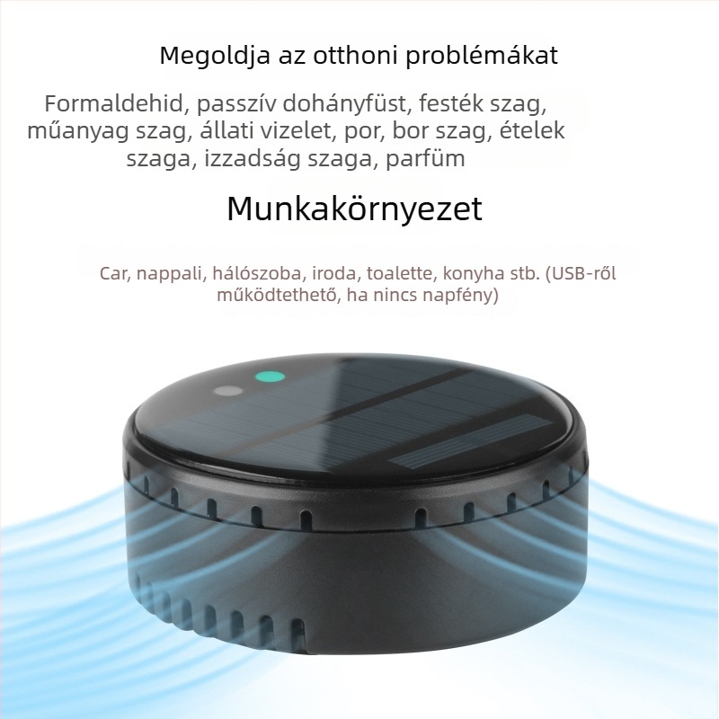 Autó és otthon használható levegőtisztító napelemes üzemmóddal, iontechnológia a szag és formaldehid eltávolítására, fertőtlenítés, zaj 36 dB alatt, légáram 50 m3/h, intelligens vezérlés