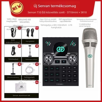 Streaminghez készült hangkártya-mixer készlet mikrofonnal és fejhallgatóval – ST10mini3, beépített akkumulátor 500–800 mAh, üzemidő 6–8 óra, SNR ≥100 dB, frekvenciaválasz 100 Hz–20 kHz