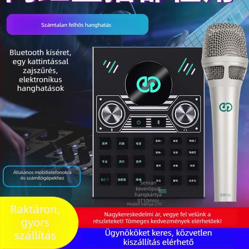 Streaminghez készült hangkártya-mixer készlet mikrofonnal és fejhallgatóval – ST10mini3, beépített akkumulátor 500–800 mAh, üzemidő 6–8 óra, SNR ≥100 dB, frekvenciaválasz 100 Hz–20 kHz