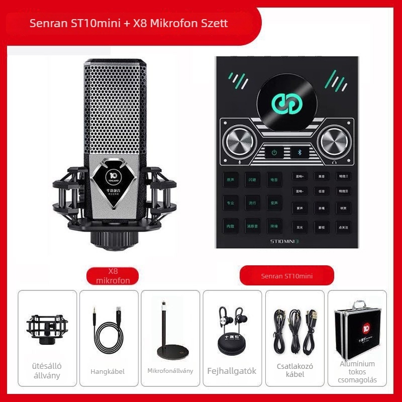 Streaminghez készült hangkártya-mixer készlet mikrofonnal és fejhallgatóval – ST10mini3, beépített akkumulátor 500–800 mAh, üzemidő 6–8 óra, SNR ≥100 dB, frekvenciaválasz 100 Hz–20 kHz