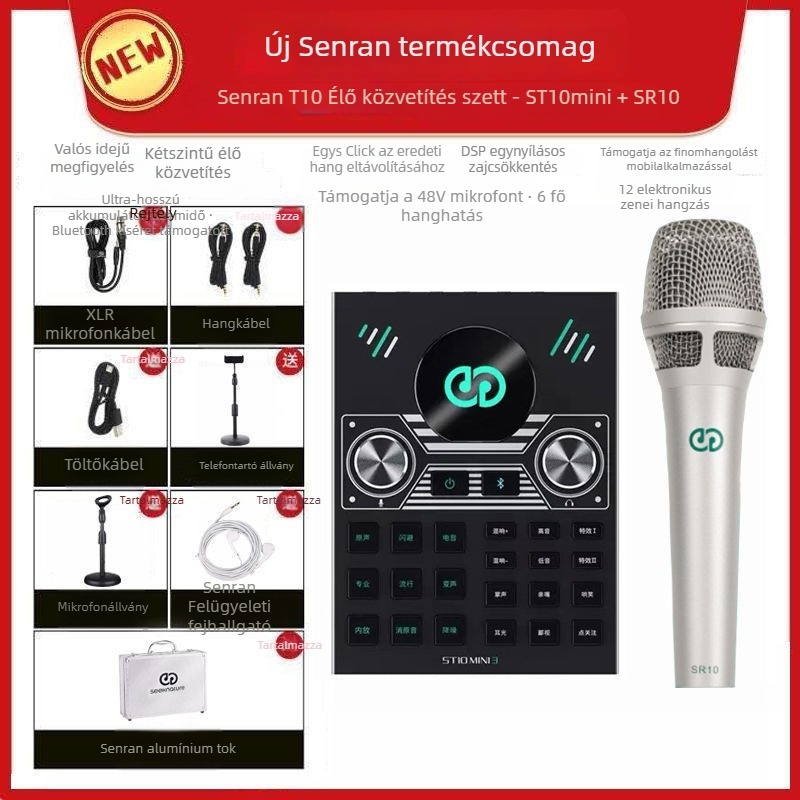Streaminghez készült hangkártya-mixer készlet mikrofonnal és fejhallgatóval – ST10mini3, beépített akkumulátor 500–800 mAh, üzemidő 6–8 óra, SNR ≥100 dB, frekvenciaválasz 100 Hz–20 kHz