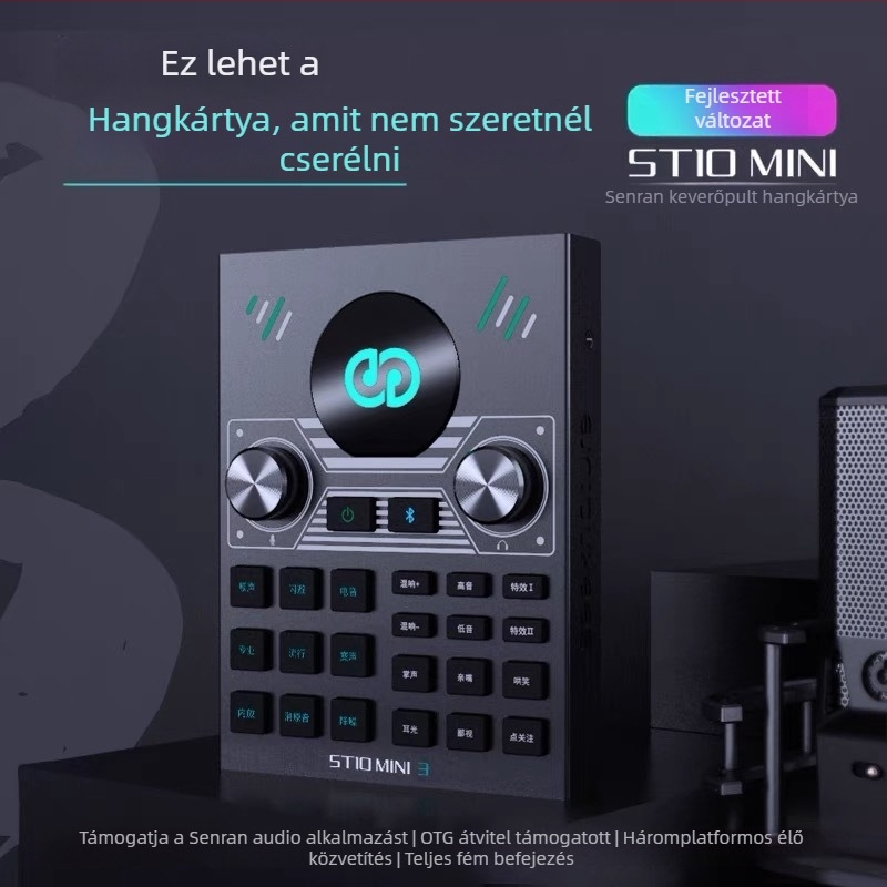 Streaminghez készült hangkártya-mixer készlet mikrofonnal és fejhallgatóval – ST10mini3, beépített akkumulátor 500–800 mAh, üzemidő 6–8 óra, SNR ≥100 dB, frekvenciaválasz 100 Hz–20 kHz