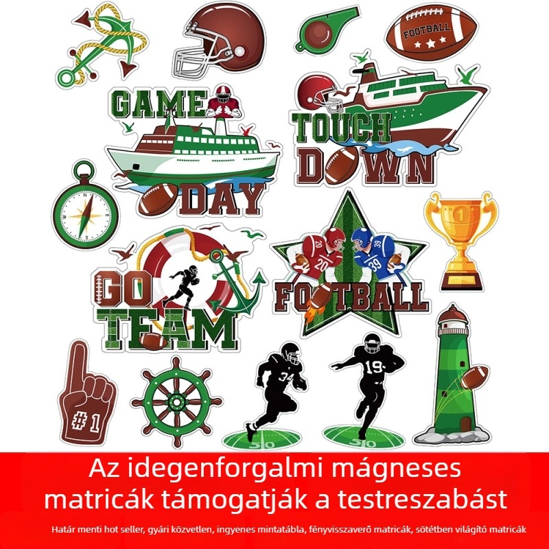 Rögbi témájú autós matricaszett mágneses dekorációkkal – karikatúrás mintákkal hűtőre, bulikra és ünnepekre