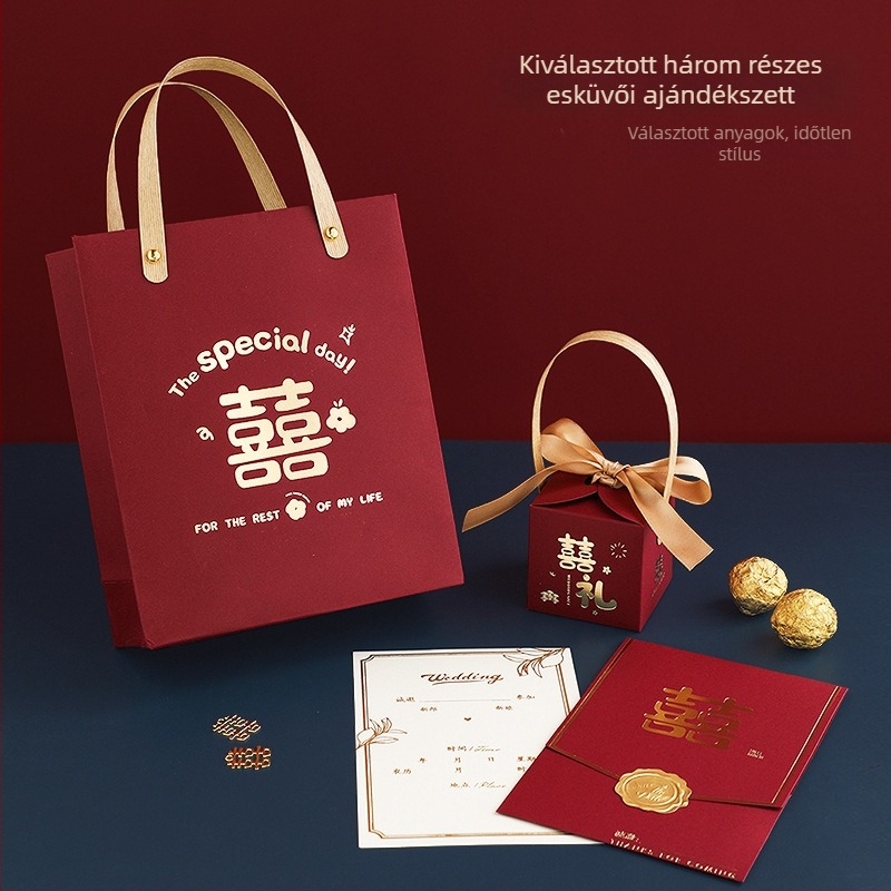 Esküvői meghívók, háromrészes készlet (bonbondoboz és kézitáska) – papír, karton csomagolás, márka Sweet joy
