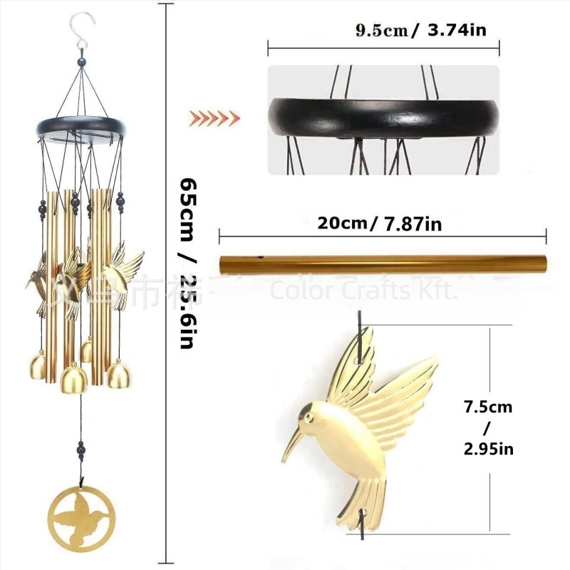 Fém szélharang függő kolibri, pillangó és méh motívumokkal, modern minimalista otthoni dekorációhoz