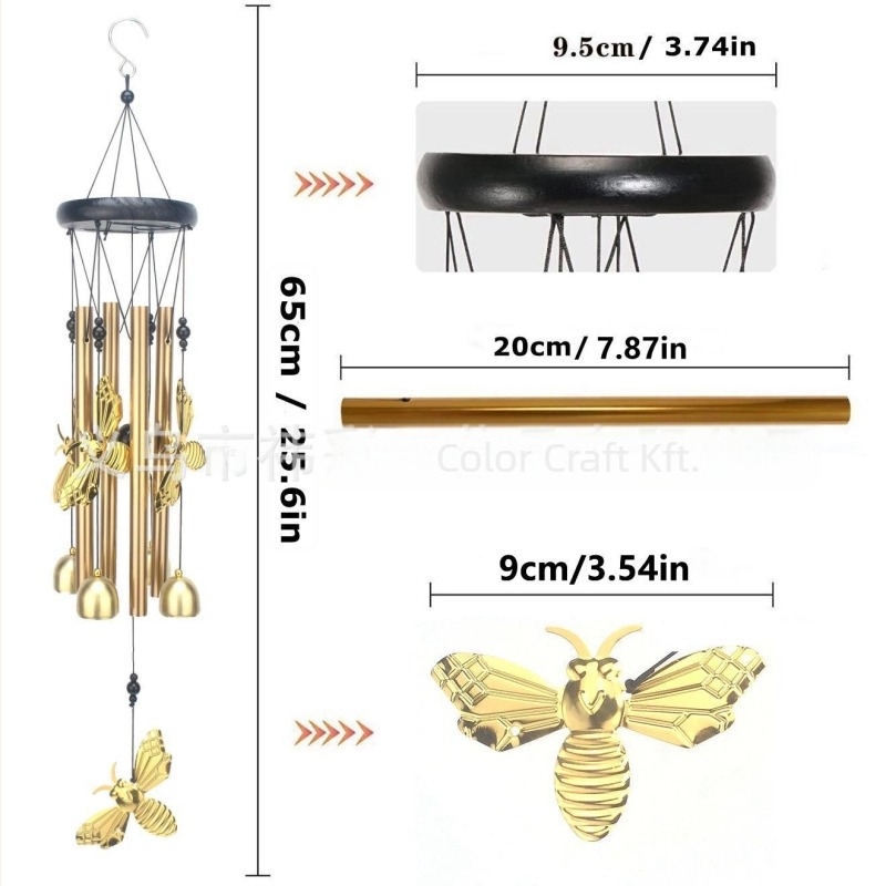 Fém szélharang függő kolibri, pillangó és méh motívumokkal, modern minimalista otthoni dekorációhoz