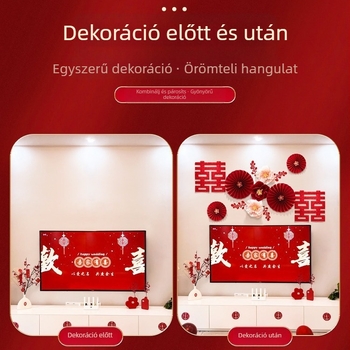 Esküvői nappali dekoráció: TV-hátfalhoz való falikép, fodrozott virágokkal és boldogság-jelű girlanddal