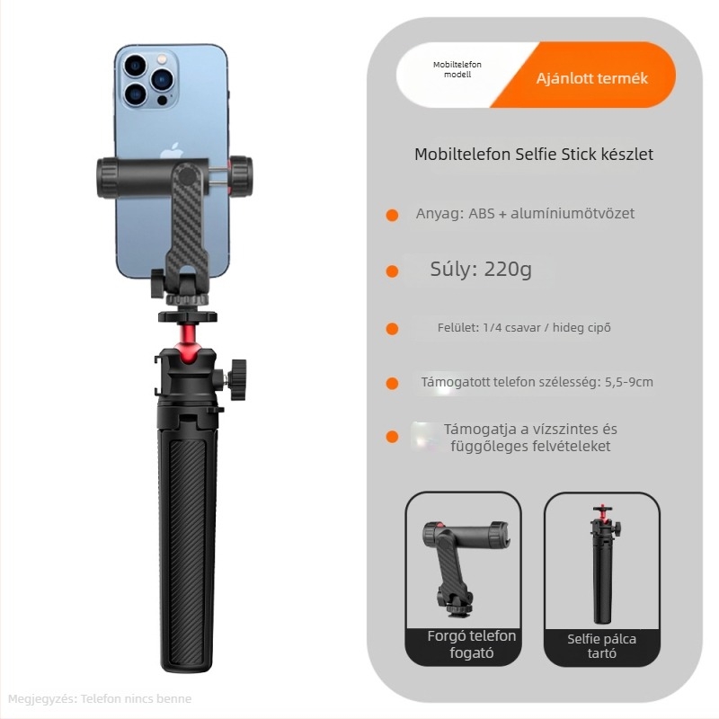 Kinyújtható monopod telefonhoz és kamerához — univerzális asztali állvány élő közvetítéshez és vlogoláshoz, ABS, max terhelés 1 kg, súly 180 g