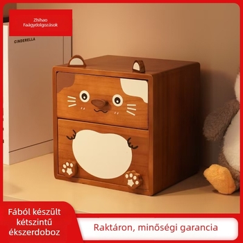 Asztali tároló doboz, masszív fa, dupla fiók, rajzfilm mintázat, kapacitás 18L, Modell 2538