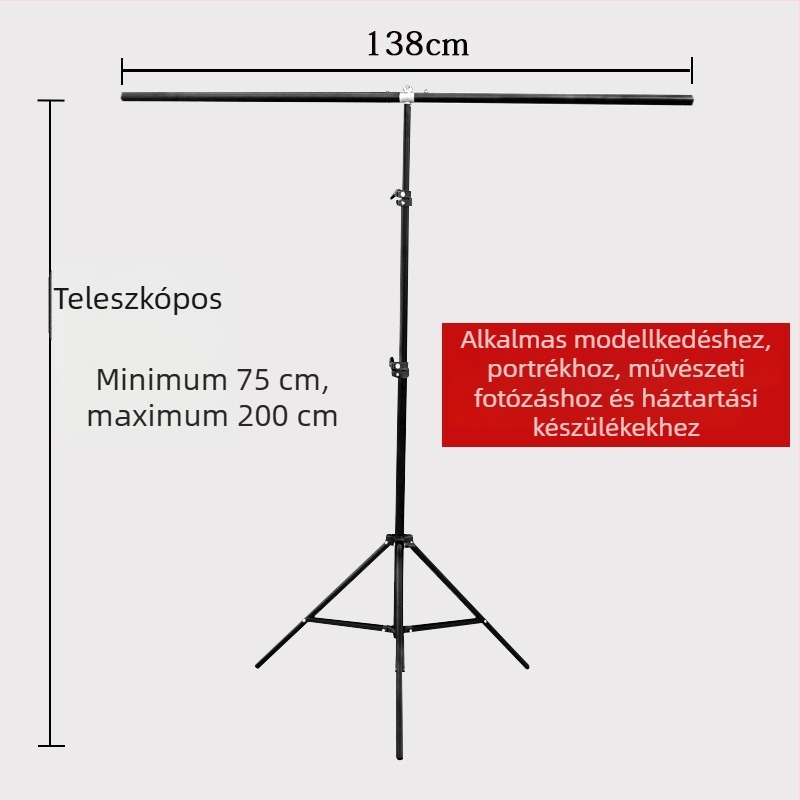 Termékfotózáshoz háttérállvány, fémből, T-alakú keret, 1,5 kg, felületkezelés