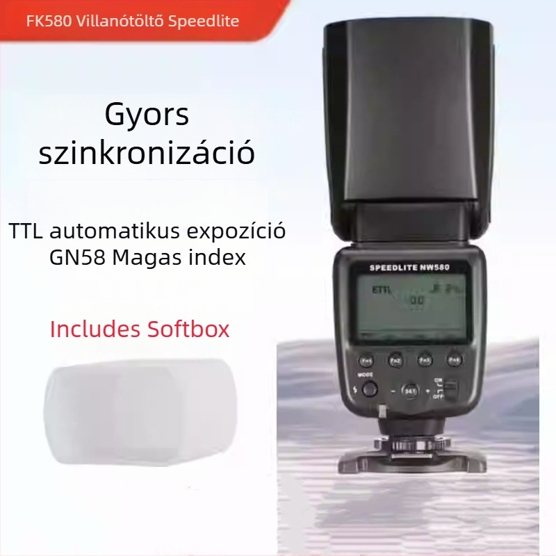 Stanard FK580 DSLR vaku TTL zoomfej, terhelhetőség 2-5 kg, tömeg 0,4 kg, garancia; tartozékok: vaku, védőtok, mikro talp, használati útmutató