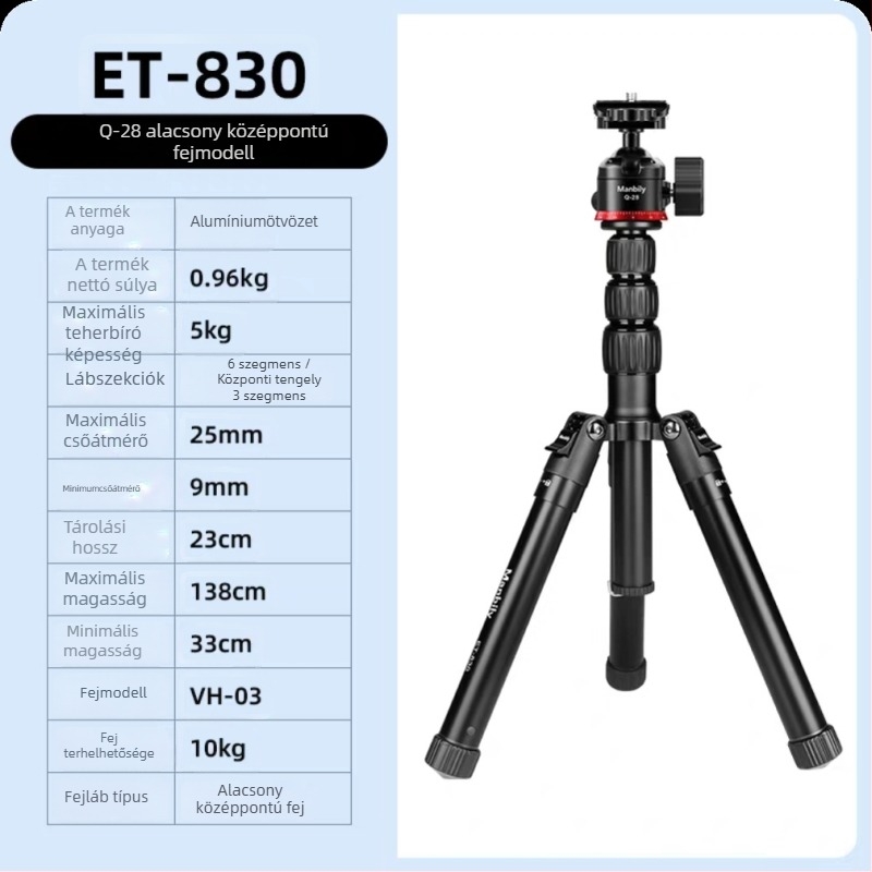 Kamera tripod hidraulikus gimbellel, alumínium ötvözetből, teherbírás 2–5 kg, súly 1,16 kg, gyorskioldó lemez