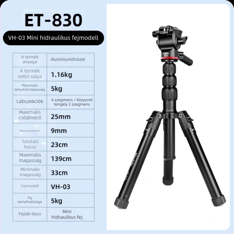 Kamera tripod hidraulikus gimbellel, alumínium ötvözetből, teherbírás 2–5 kg, súly 1,16 kg, gyorskioldó lemez