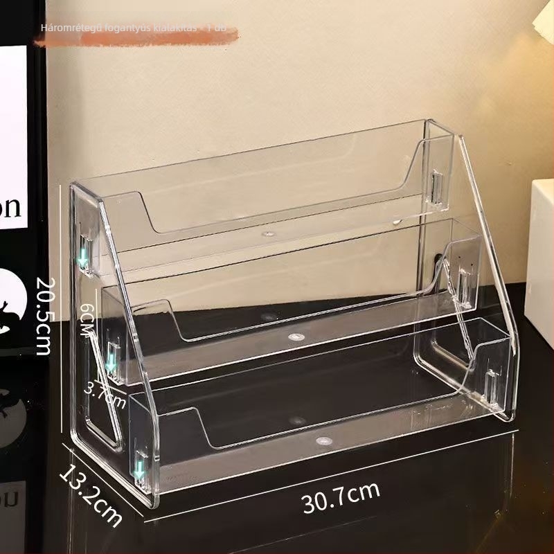 Asztali jelvénykiállító állvány lépcsőzetes dizájnnal, PET anyagból, átlátszó függőleges tároló, 12 L kapacitás