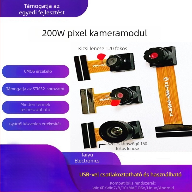OV2640 kamera modul 2MP CMOS szenzorral, DVP interfész, ESP32 MCU, 65°/160° látómező, 1280x720 felbontás 45fps