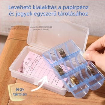 Érmék és bankjegyek tároló doboza szeparátorral és fedéllel