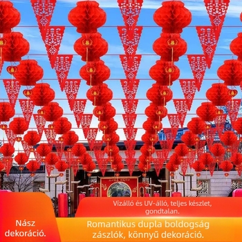 Esküvői helyszín dekorációs készlet: műanyag szalagokból készült girlandok, lámpások és banner „kettős boldogság”