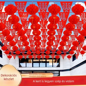 Esküvői helyszín dekorációs készlet: műanyag szalagokból készült girlandok, lámpások és banner „kettős boldogság”