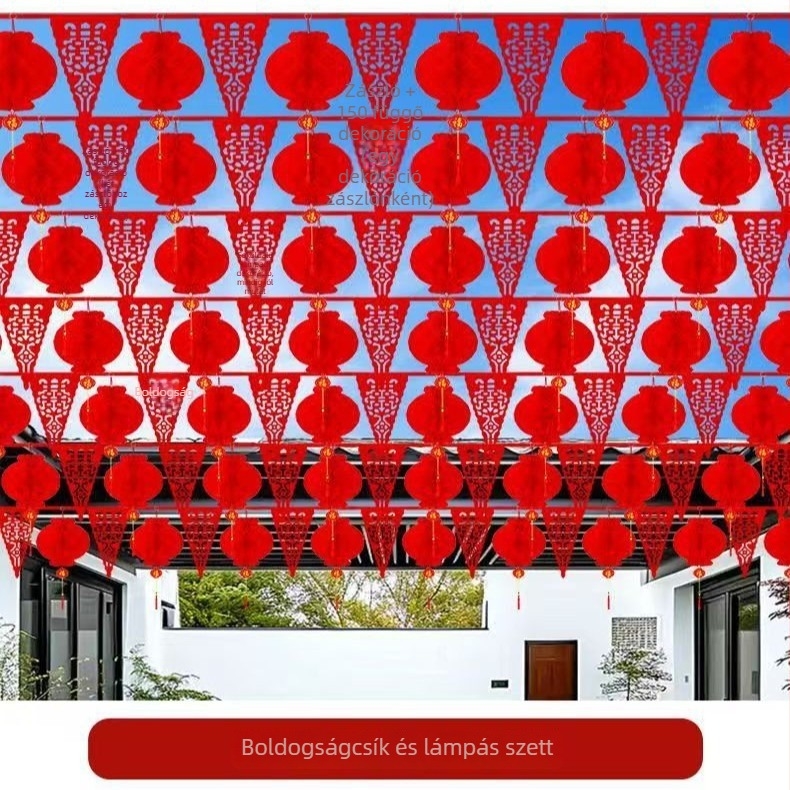 Esküvői helyszín dekorációs készlet: műanyag szalagokból készült girlandok, lámpások és banner „kettős boldogság”