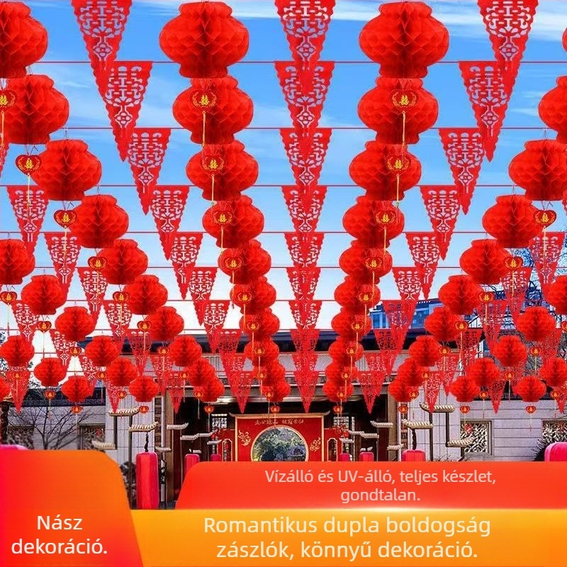 Esküvői helyszín dekorációs készlet: műanyag szalagokból készült girlandok, lámpások és banner „kettős boldogság”