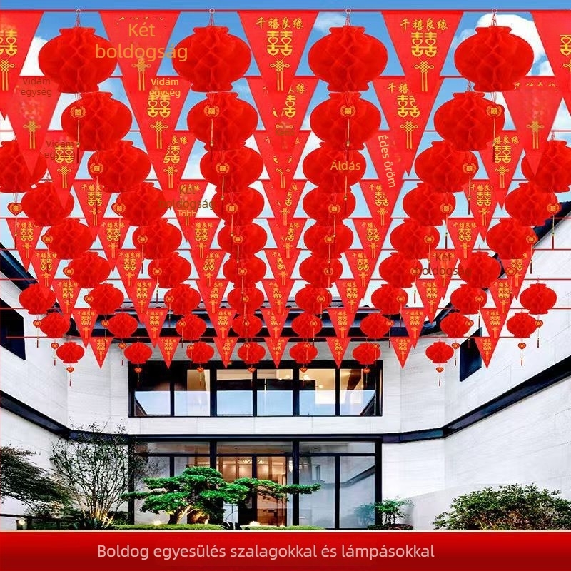 Esküvői helyszín dekorációs készlet: műanyag szalagokból készült girlandok, lámpások és banner „kettős boldogság”