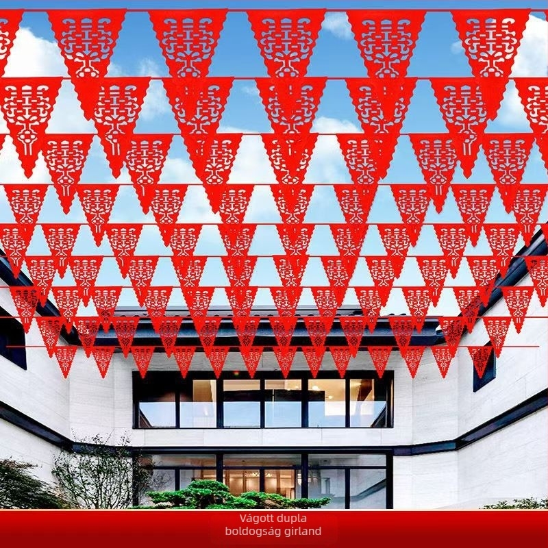 Esküvői helyszín dekorációs készlet: műanyag szalagokból készült girlandok, lámpások és banner „kettős boldogság”