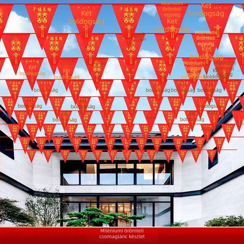 Esküvői helyszín dekorációs készlet: műanyag szalagokból készült girlandok, lámpások és banner „kettős boldogság”