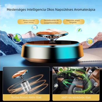 Napelemes autó illatosító dísz, függőlegesen forgó dizájnnal, fém tartó; 10-20 ml kapacitás; Ocean Osmanthus Cologne illat; dekoráció és szageltávolítás funkció; párologási idő 61-90 nap