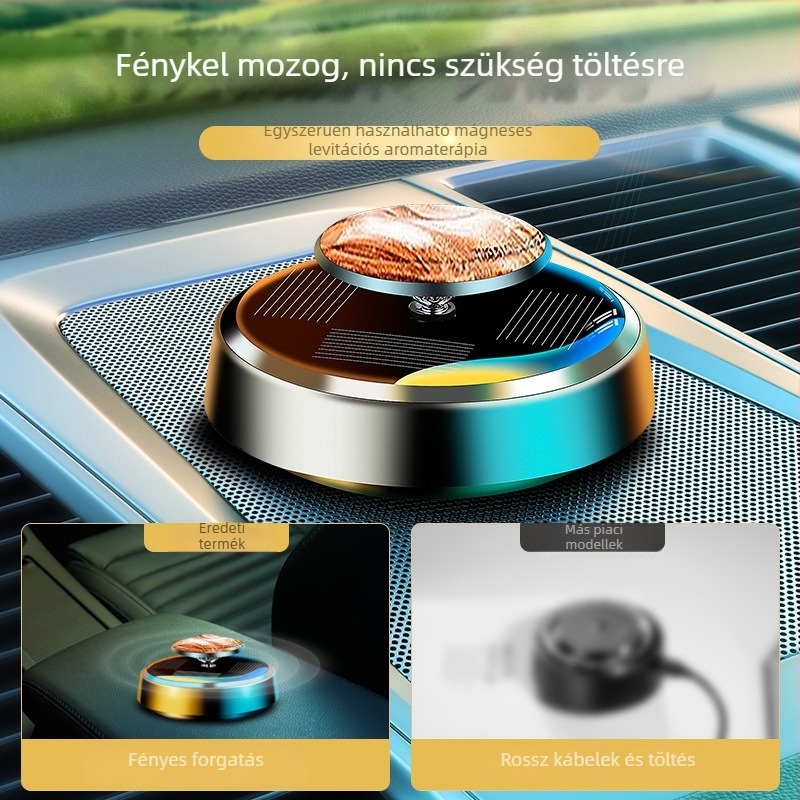 Napelemes autó illatosító dísz, függőlegesen forgó dizájnnal, fém tartó; 10-20 ml kapacitás; Ocean Osmanthus Cologne illat; dekoráció és szageltávolítás funkció; párologási idő 61-90 nap
