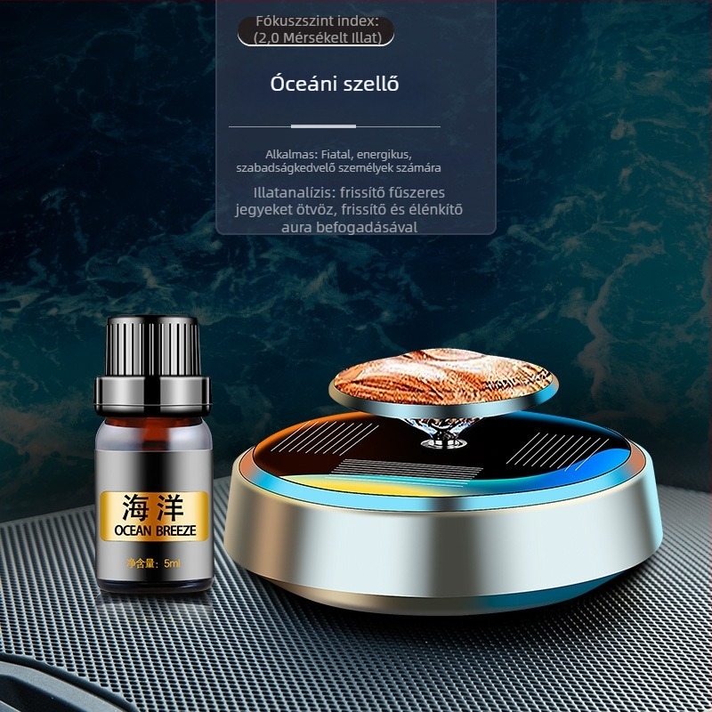 Napelemes autó illatosító dísz, függőlegesen forgó dizájnnal, fém tartó; 10-20 ml kapacitás; Ocean Osmanthus Cologne illat; dekoráció és szageltávolítás funkció; párologási idő 61-90 nap
