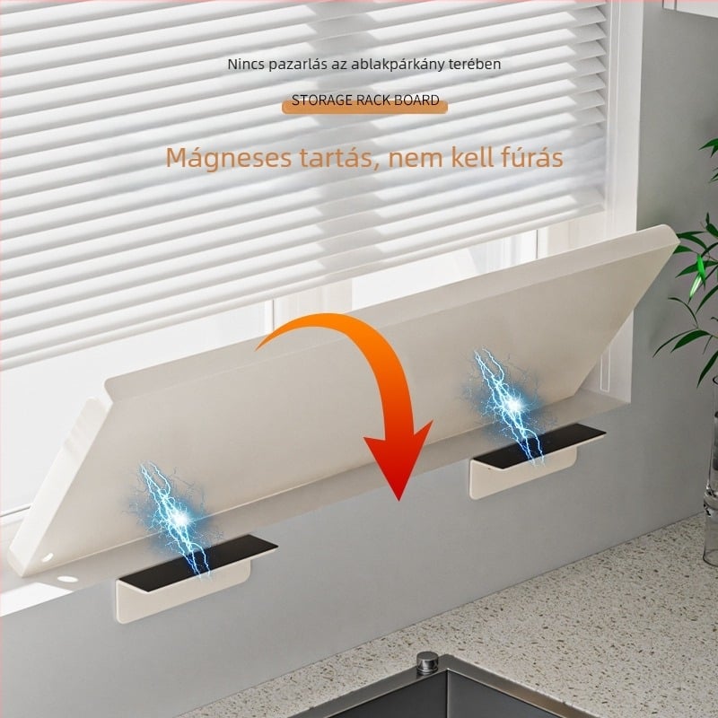 Konyhai ablakpárkány bővítőlemez – mágneses falra szerelés, fúrás nélkül, szénacélból, bővíthető tárolópolc keskeny ablakokhoz