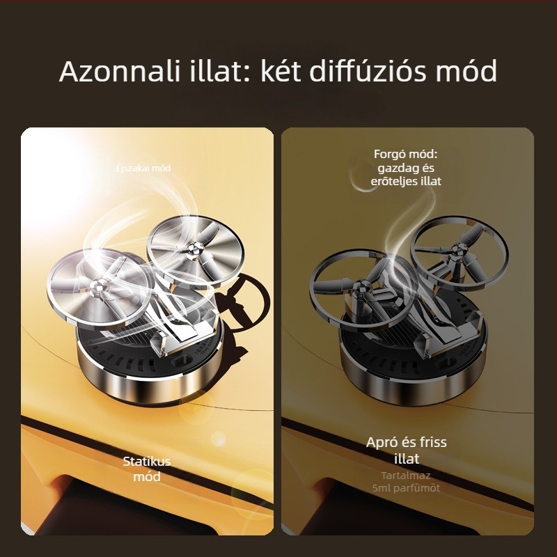 Autó illatosító diffúzor forgó parfüm tartóval, napelemes működés, illatchip díszként