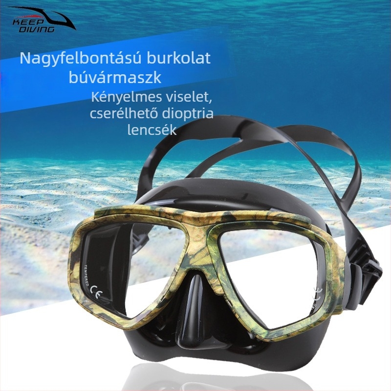 Búvármaszk szilikon kerettel és edzett üveg lencsékkel, DM-403 modell, KEEP DIVING, kamuflázs dizájn